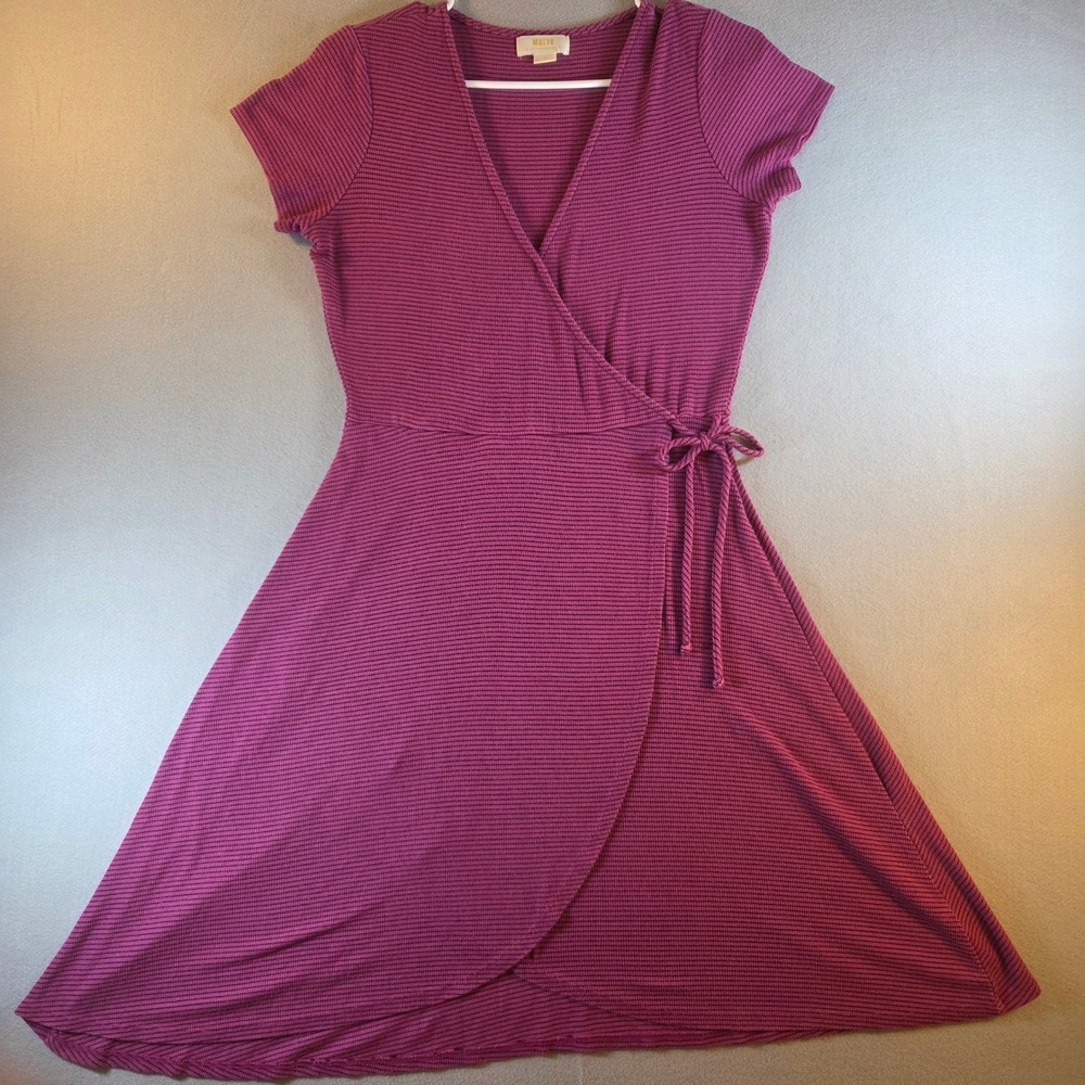 Maeve Anthropologie Magenta Striped Ribbed Knit Wrap Dress Short Sleeve Size M